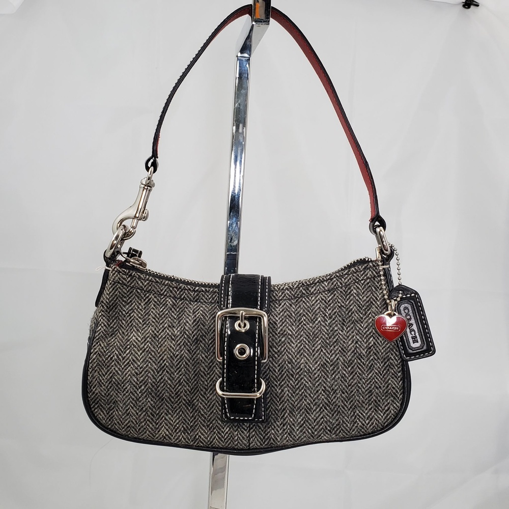 Vintage 2004 Y2K Coach Hamptons Herringbone Wool Leather Shoulder Bag Heart 1406